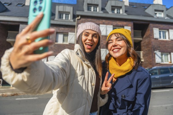Two cheerful young women friends capturing a fun selfie on a city street, wearing winter clothing and expressing joy with peace signs and playful poses