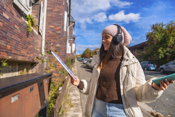Happy young woman standing on an urban street, opening a mailbox to retrieve mail while wearing headphones outdoors on a clear autumn day, enjoying her everyday routine