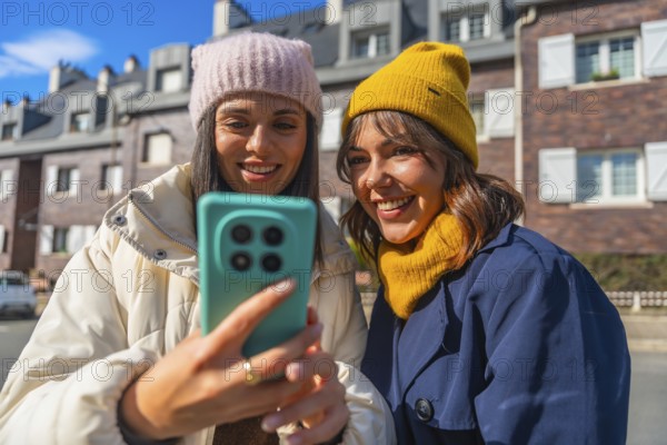 Two friends in winter jackets and beanies smiling and taking a selfie on a sunny city street, enjoying candid connection, social media fun and urban friendship outdoors