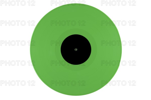 Green vinyl record with a black label in the middle on a white background