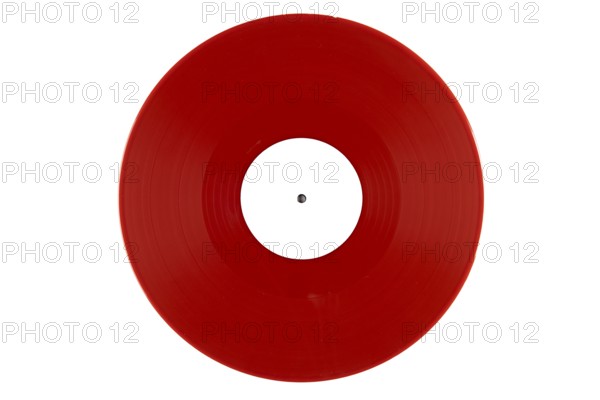 Red vinyl record with a white label in the middle on a white background