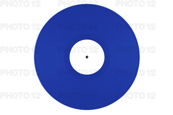 Blue vinyl record with a white label in the middle on a white background