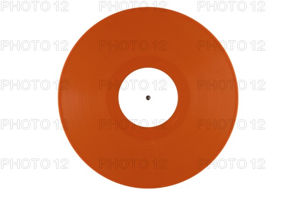 Orange vinyl record with a white label in the middle on a white background