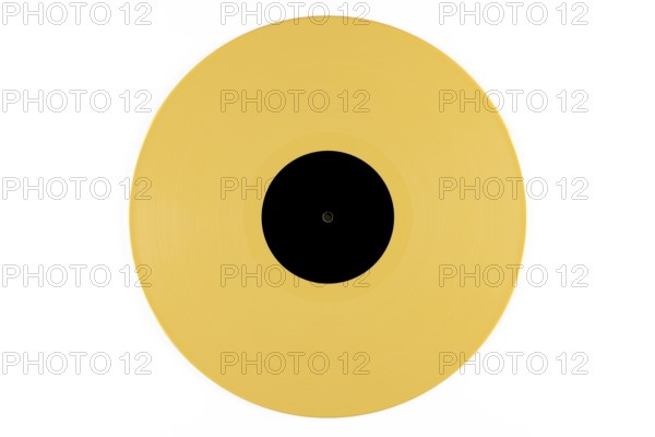 Yellow vinyl record with a black label in the middle on a white background