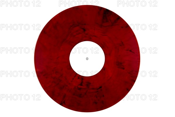 Red marbled vinyl record with a white label in the middle on a white background