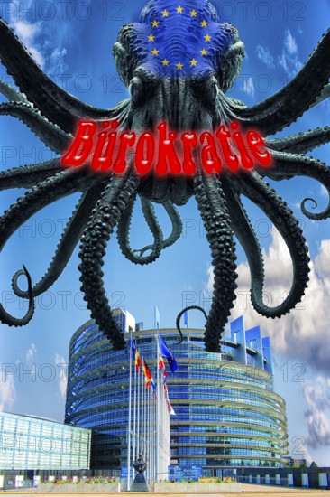 Symbolic photo, bureaucracy as an octopus threatening the EU and Germany, flood of paragraphs, European Union, jumble of laws, jumbled paths, outdated processes, dusty authorities, business-to-government market, old-style offices, antiquated filing, analog expression, future fields of data processing, digitally removed, politics must deliver, permanently new laws without meaning