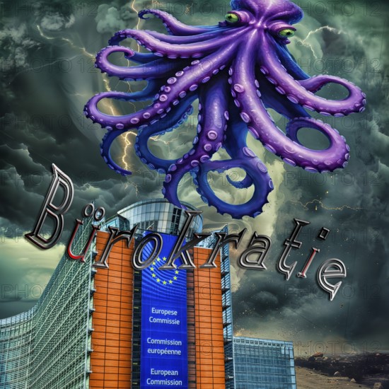 Symbolic photo, bureaucracy as an octopus threatening the EU and Germany, flood of paragraphs, European Union, jumble of laws, jumbled paths, outdated processes, dusty authorities, business-to-government market, old-style offices, antiquated filing, analog expression, future fields of data processing, digitally removed, politics must deliver, permanently new laws without meaning