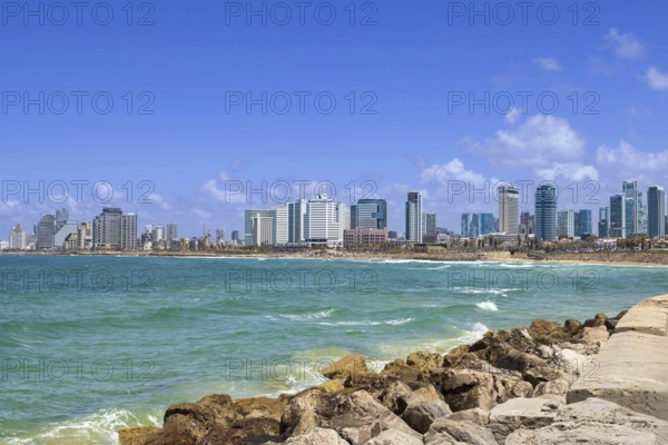 Scenic Israel Tel Aviv coastline seashore promenade with hotels and beaches near Old Jaffa port