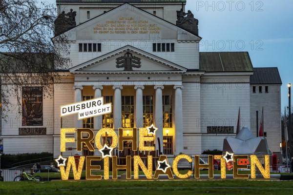 Theater Duisburg, Lichterwerbung, Christmas market in downtown Duisburg, KönigstraÃŸe, Ferris wheel, North Rhine-Westphalia, Germany