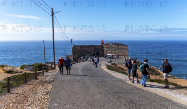 The Farol de Nazare lighthouse, an annual meeting point in autumn to watch the big waves on the North Beach, Nazaré, Portugal