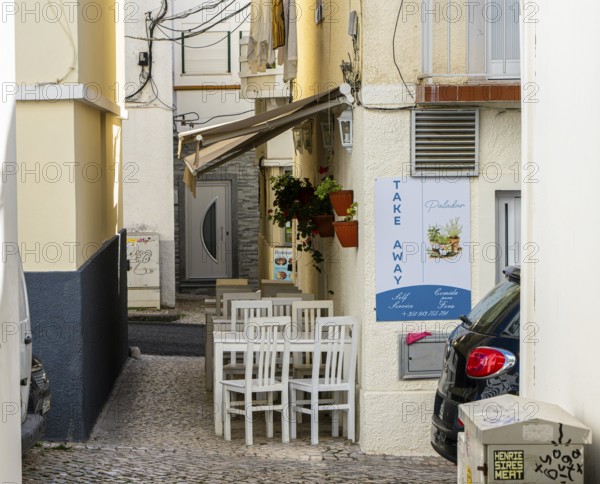 Typical Mediterranean architecture with small narrow streets and streets, Nazare, Portugal