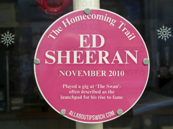 The Homecoming Trail plaque sign Ed Sheeran gig at The Swan pub in November 2010, Ipswich, Suffolk, England, UK