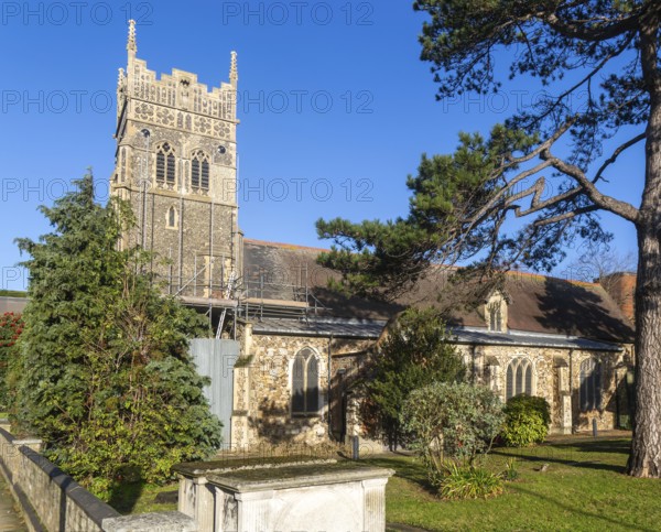 Scaffolding repair work medieval church of Saint Nicholas, Franciscan Way, Ipswich, Suffolk, England, UK