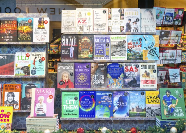 Books in window display of Waterstones bookshop, Ipswich, Suffolk, England, UK