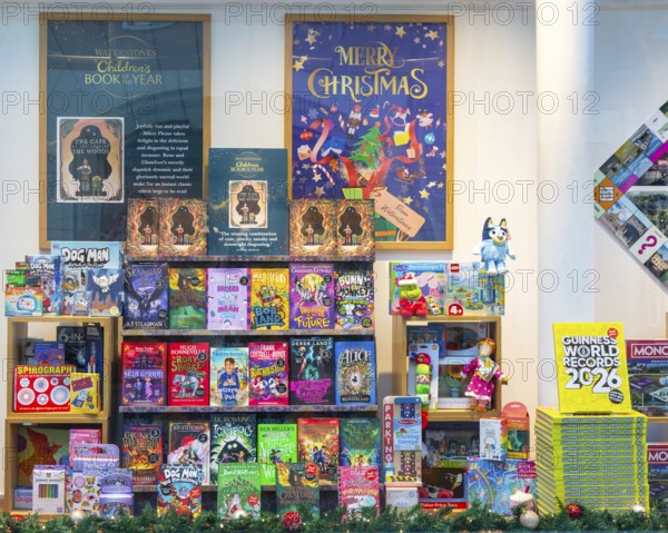 Children's books in window display of Waterstones bookshop, Ipswich, Suffolk, England, UK