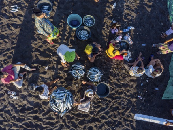 Fishermen unload their fish from their outrigger boat in the morning. Amed, Karangasem, Bali, Indonesia