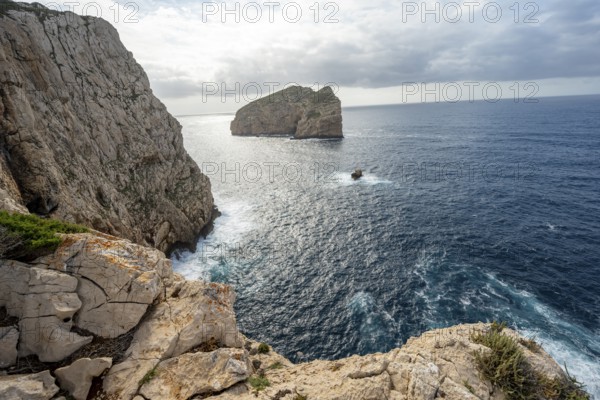 Steep cliffs by the sea and the rocky island of Isola Foradada, Belvedere Foradada, cliffs on the Capo Caccia headland, Alghero, Sardinia, Italy