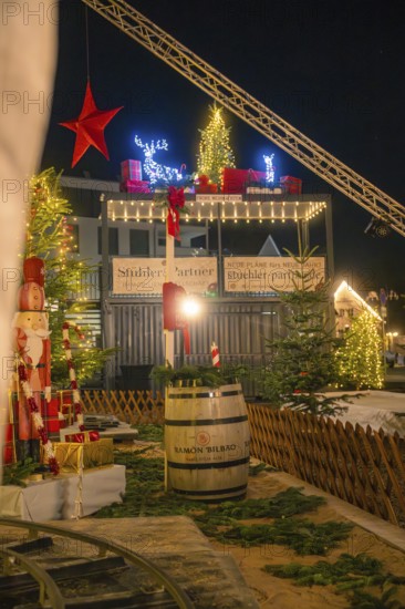 Festive Christmas market decorations at night with lights and ornaments, Sindelfingen, Böblingen district, Germany