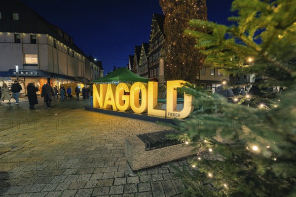 Festive scene at night with illuminated Nagold lettering and people, Christmas market 2025, Nagold, Black Forest, Calw district, Germany