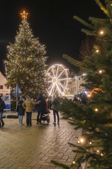 Festive scene with illuminated Christmas tree and Ferris wheel surrounded by people at night, Christmas market 2025, Nagold, Black Forest, Calw district, Germany