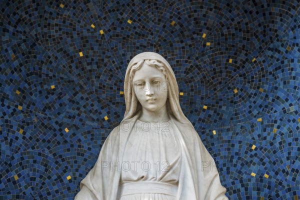 Marble Madonna in front of a blue mosaic, Wissembourg, Weissenburg, Alsace, Bas-Rhin department, France