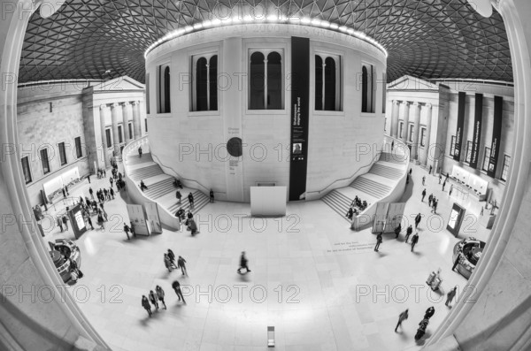 Extreme wide angle view, fisheye, black and white photo of the Great Court of the British Museum in London, England, Great Britain