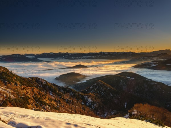 Alpine panorama at sunrise in winter, in the fog valley, Untersberg, Marktschellenberg, Berchtesgadener Land, Upper Bavaria, Bavaria, Germany
