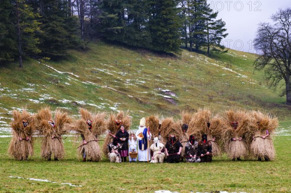 Nikolaus and Engerl with Buttnmandl and Krampus, Bischofswiesen, Berchtesgadener Land, Upper Bavaria, Bavaria, Germany