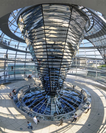 Interior view with fisheye effect of the glass dome of the Reichstag building with the cone-shaped light deflection element, which is equipped with 360 individual mirrors. These channel natural daylight into the plenary hall below, Berlin, Germany