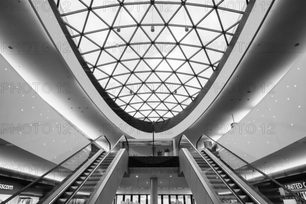 Modern architecture, black and white photography, interior view of the Sihlcity shopping center in Zurich, Canton of Zurich Switzerland