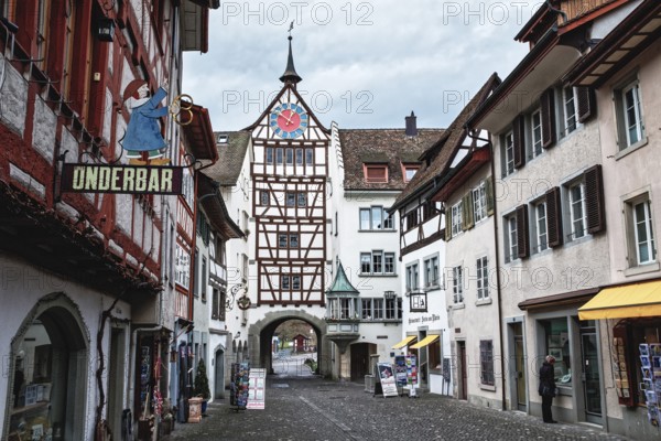 Picturesque old town of Stein am Rhein with the historic Untertor, city gate with its distinctive clock, Canton of Schaffhausen, Switzerland