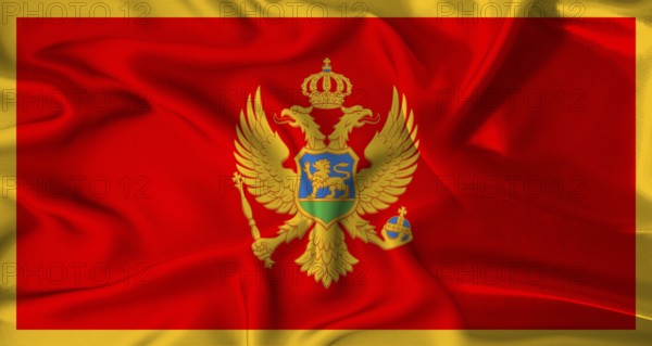 Realistic Montenegro flag waving. Close up of flag of Montenegro with cloth texture