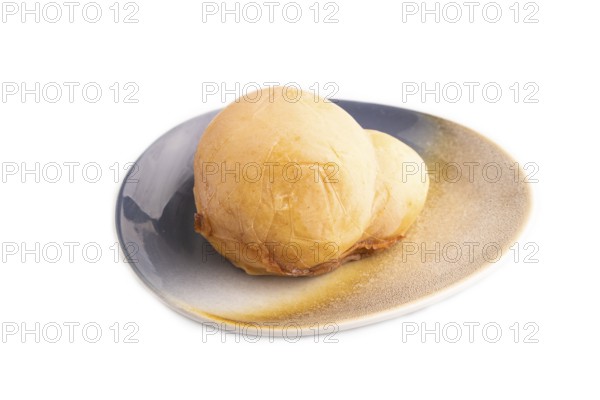 Smoked Mozzarella cheese, with tomatoes and olives isolated on white background, side view, copy space