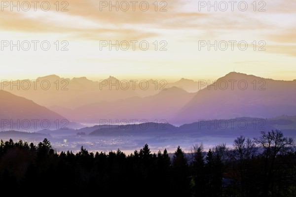 View from Horben of the midlands lying in fog, behind it the Alps with the Rigi, Beinwil-Freiamt, Canton, Aargau, Switzerland