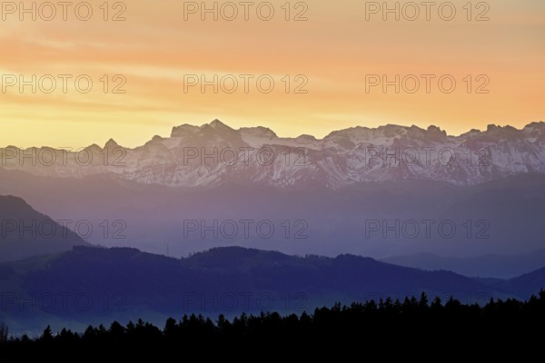 Snow-covered Central Switzerland Alps in the light of dawn, Horben, Beinwil-Freiamt, Canton, Aargau, Switzerland