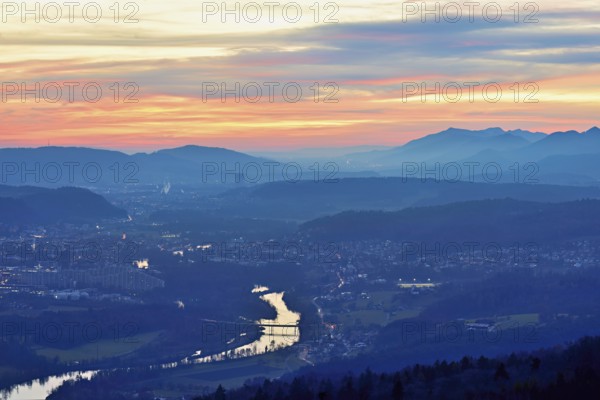 View of the Jura foothills from the Gisliflue, in the light of the setting sun, in the foreground the city of Aarau, Talheim, Canton, Aargau, Switzerland