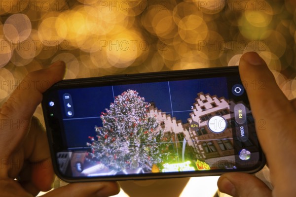 In the evening, a visitor to the Frankfurt Christmas market photographs the glowing Mrs. Holle Christmas tree standing on the Römerberg, Römerberg, Frankfurt am Main, Hesse, Germany
