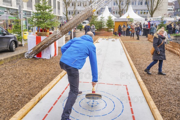 Curling competition with several people as spectators in the background, Sindelfingen, Böblingen district, Germany