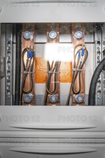 Open control box with visible copper lines and wiring, electrician, new building, Germany