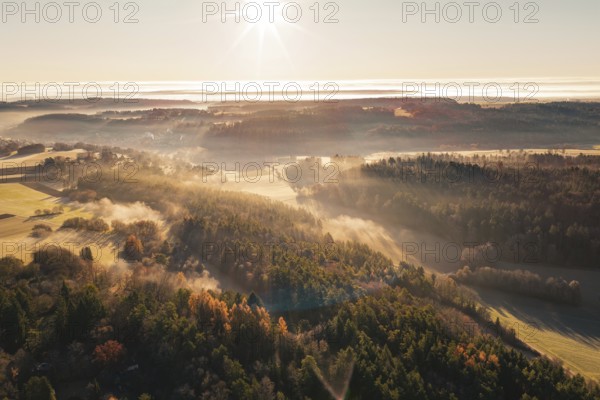 Densely wooded hills in morning light, surrounded by fog and fields, Gechingen, Hecken and GÃ¤u region, Calw district, Germany