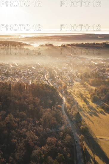Morning atmosphere with sunbeams on a road leading through a wooded valley, Gechingen, Hecken and GÃ¤u region, Calw district, Germany