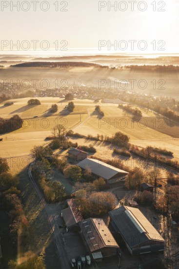 View of a farm and fields in warm morning light, surrounded by trees, Gechingen, hedges and GÃ¤u region, Calw district, Germany