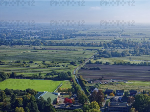 A drainage ditch runs through Hamburg's Kirchwerder Wiesen Nature Reserve near FÃ¼nfhausen in the Vier- and Marschlanden. aerial view. FÃ¼nfhausen, Kirchwerder, Hamburg, Germany
