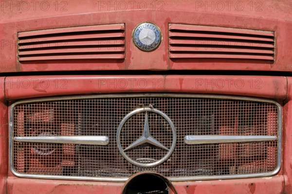 Close-up of a weathered Mercedes-Benz truck, classic car with logo, emblem, from the so-called Kurzhauber series, which was popular in the 1950s, 60s and 70s, Baden-WÃ¼rttemberg, Germany