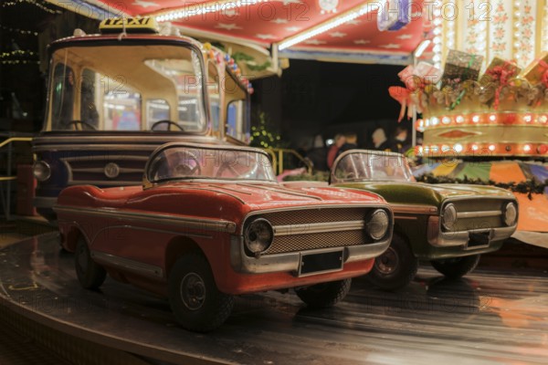 Children's carousel, classic fair ride at a Christmas market, with classic car models, classic cars, night shot, long exposure, Radolfzell, Konstanz district, Baden-WÃ¼rttemberg, Germany