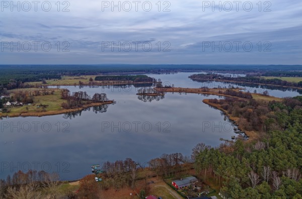 Neuendorfer See in the evening near Alt Schadow, MÃ¤rkische Heide, in the Spreewald UNESCO Biosphere Reserve. aerial view. Alt Schadow, Brandenburg, Germany