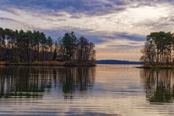 Neuendorfer See in the evening light, MÃ¤rkische Heide, in the Spreewald UNESCO Biosphere Reserve. Alt Schadow, Brandenburg, Germany