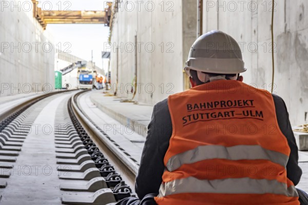 Closing the gap in the airport tunnel. The last few meters of solid road are concreted. This means that all long-distance railway tracks of Project S21 have been laid. Stuttgart, Baden-WÃ¼rttemberg, Germany