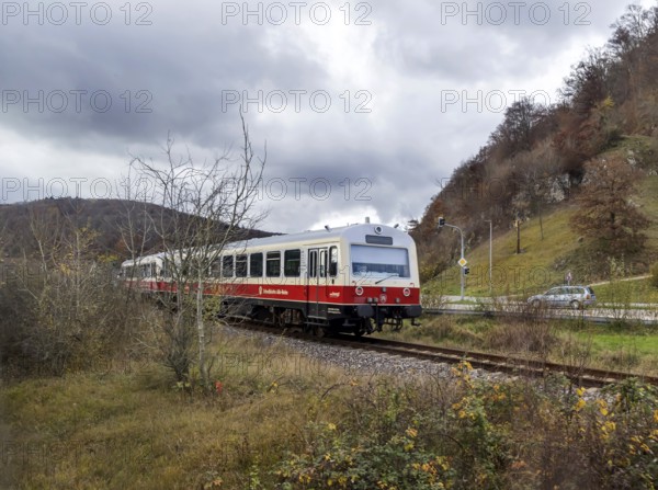 Swabian Alb Railway train. The branch line is on the Swabian Jura near Schmiechen, Schelklingen, Baden-WÃ¼rttemberg, Germany