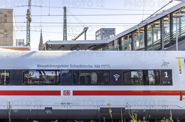 ICE at Ulm Central Station. The high-speed train is called the Swabian Alb Biosphere Reserve. Ulm, Baden-WÃ¼rttemberg, Germany